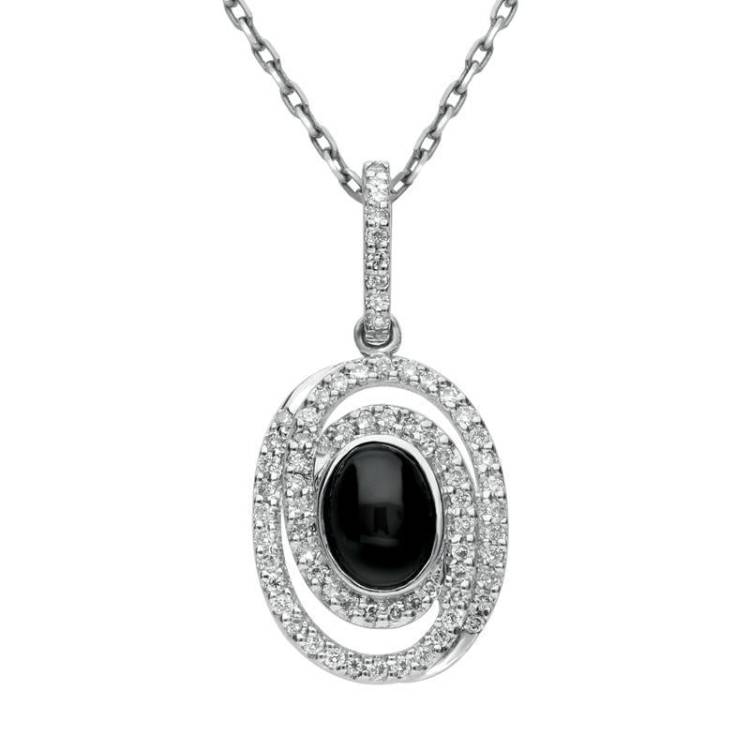 18ct White Gold Whitby Jet 0.38ct Diamond Oval Spiral Design Necklace - White Gold