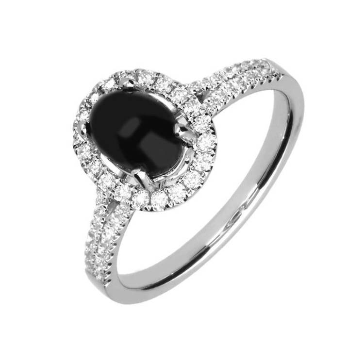 18ct White Gold Whitby Jet 0.38ct Diamond Oval Shoulder Ring - Z