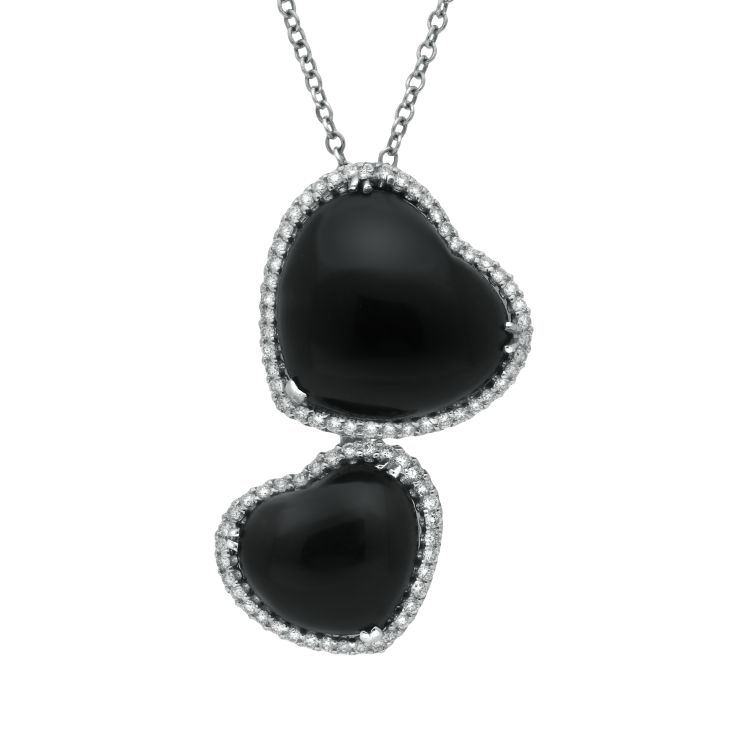 18ct White Gold Whitby Jet 0.53ct Diamond Double Heart Necklace D - White Gold