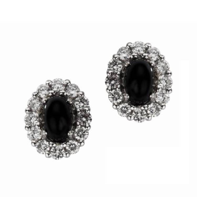 18ct White Gold Whitby Jet 0.55ct Diamond Oval Cluster Stud Earrings - White Gold