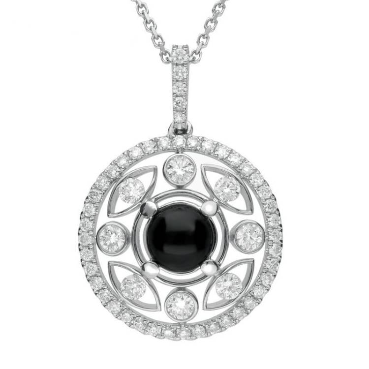 18ct White Gold Whitby Jet 0.60ct Diamond Surround Round Necklace