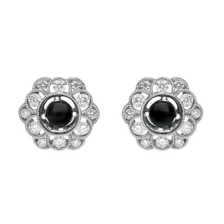 18ct White Gold Whitby Jet 0.62ct Diamond Flower Shape Stud Earrings