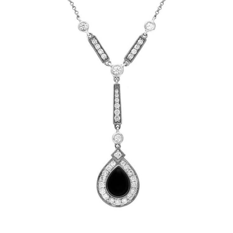 18ct White Gold Whitby Jet 0.73ct Diamond Pear Drop Necklace - White Gold