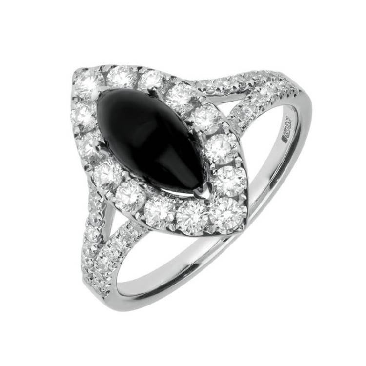 18ct White Gold Whitby Jet 0.89ct Diamond Marquise Ring - Q