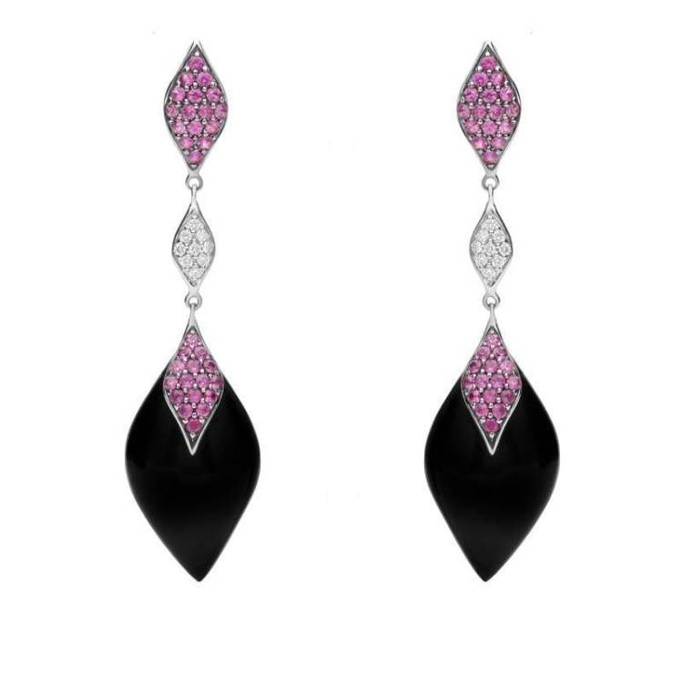 18ct White Gold Whitby Jet 1.20ct Pink Sapphire Diamond Earrings - Option1 Value White Gold