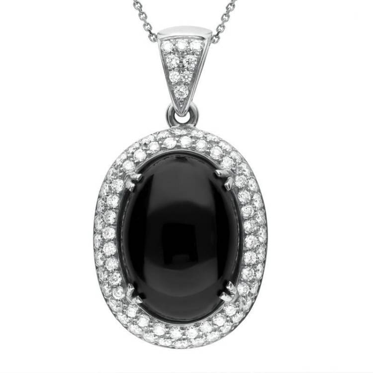 18ct White Gold Whitby Jet 1.57ct Diamond Large Oval Necklace - White Gold
