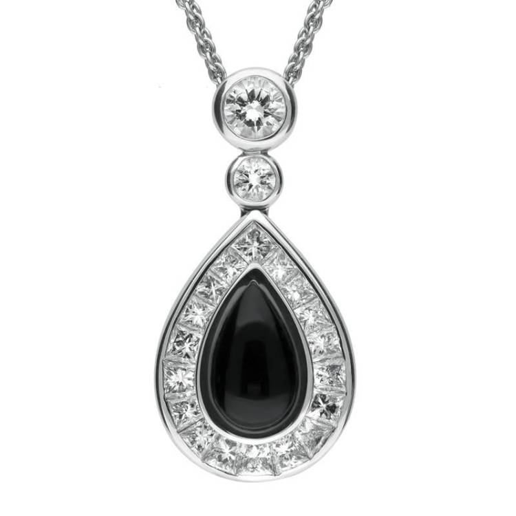 18ct White Gold Whitby Jet 2.17ct Diamond Central Pear Necklace - White Gold