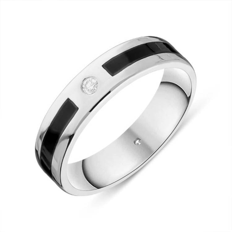 18ct White Gold Whitby Jet Diamond 5mm Patterned Wedding Band Ring - Color