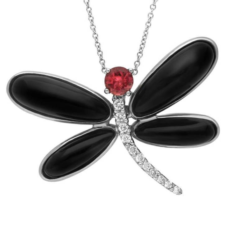 18ct White Gold Whitby Jet Diamond Rubellite Dragonfly Necklace - White Gold