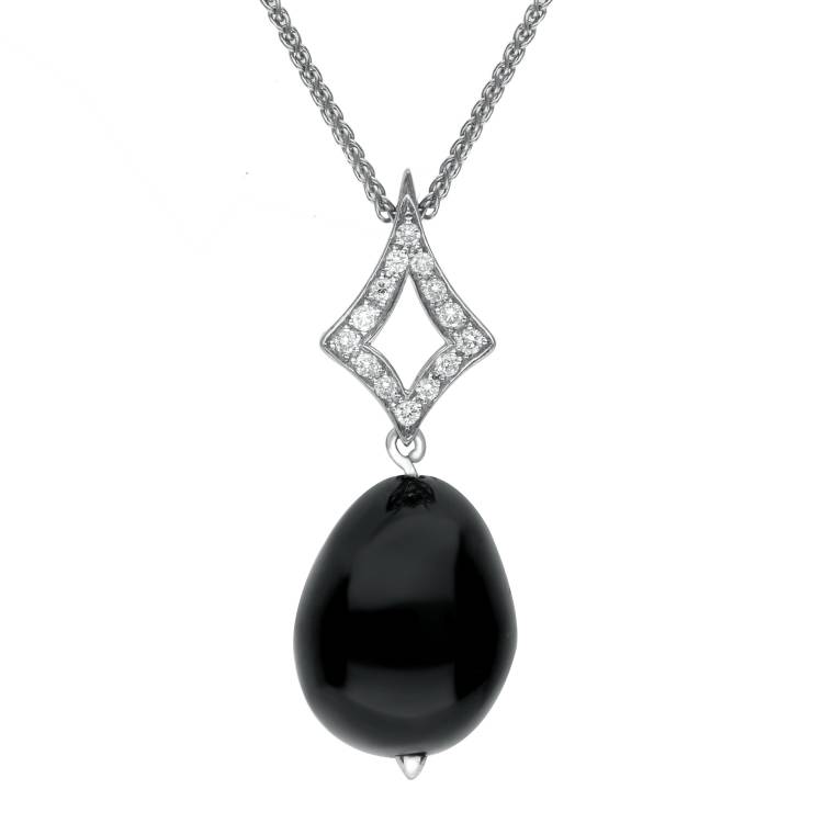 18ct White Gold Whitby Jet Diamond Bead Pave Set Open Diamond Shape Necklace D - White Gold