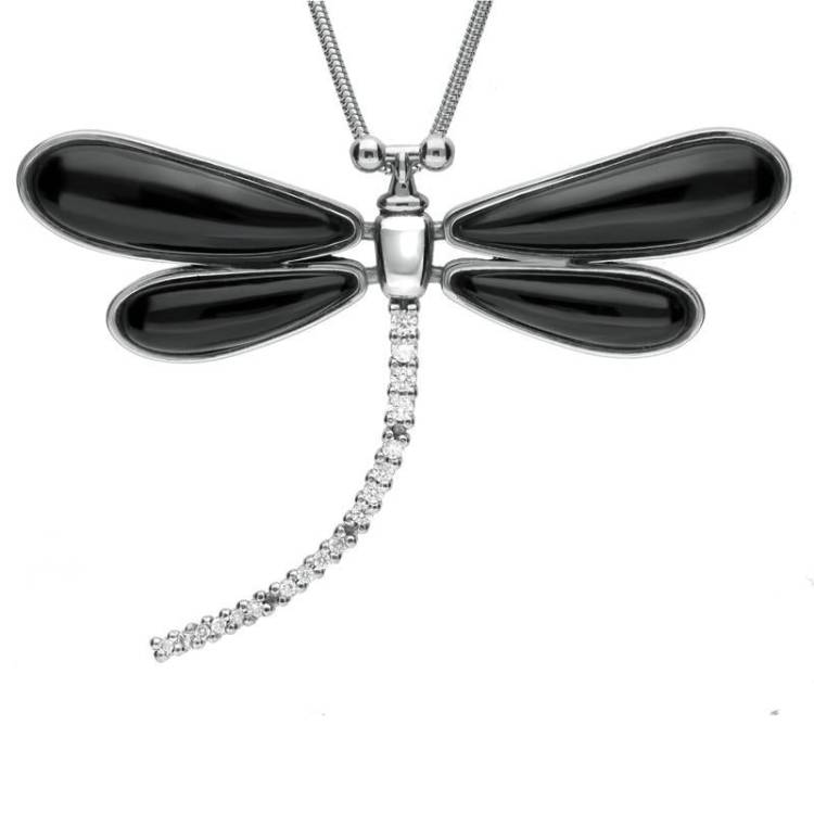 18ct White Gold Whitby Jet Diamond Dragonfly Necklace D - White Gold