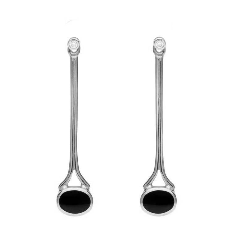 18ct White Gold Whitby Jet and Diamond Long Drop Earrings - Option1 Value White Gold