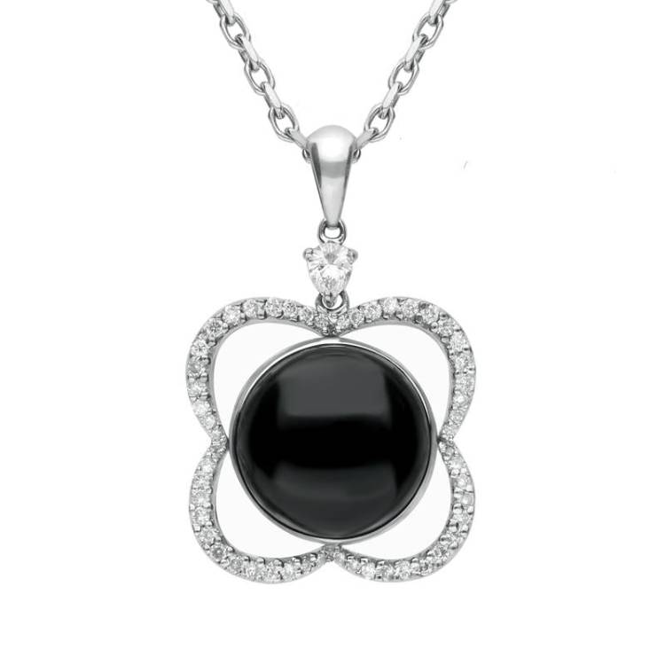 18ct White Gold Whitby Jet Diamond Open Flower Necklace D - White Gold
