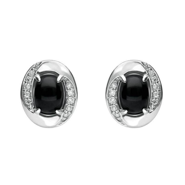18ct White Gold Whitby Jet 0.11ct Diamond Oval Earrings D - White Gold