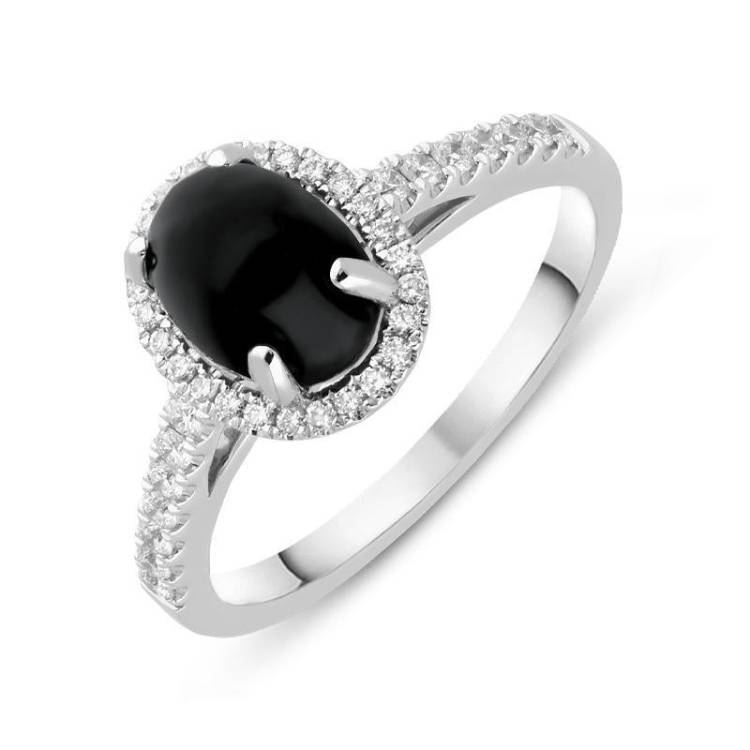 18ct White Gold Whitby Jet 0.27ct Diamond Oval Pave Shoulder Ring - Option1 Value White Gold