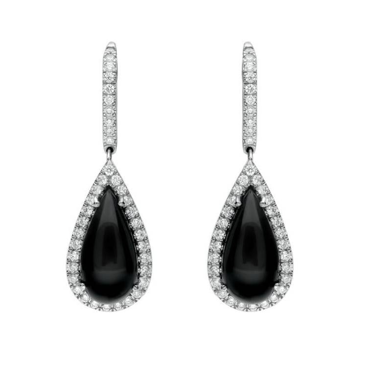 18ct White Gold Whitby Jet 0.73ct Diamond Pear Drop Earrings - White Gold