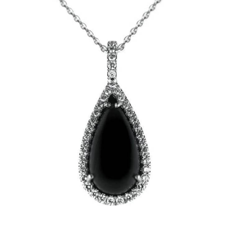18ct White Gold Diamond and Whitby Jet Pear Necklace - White Gold