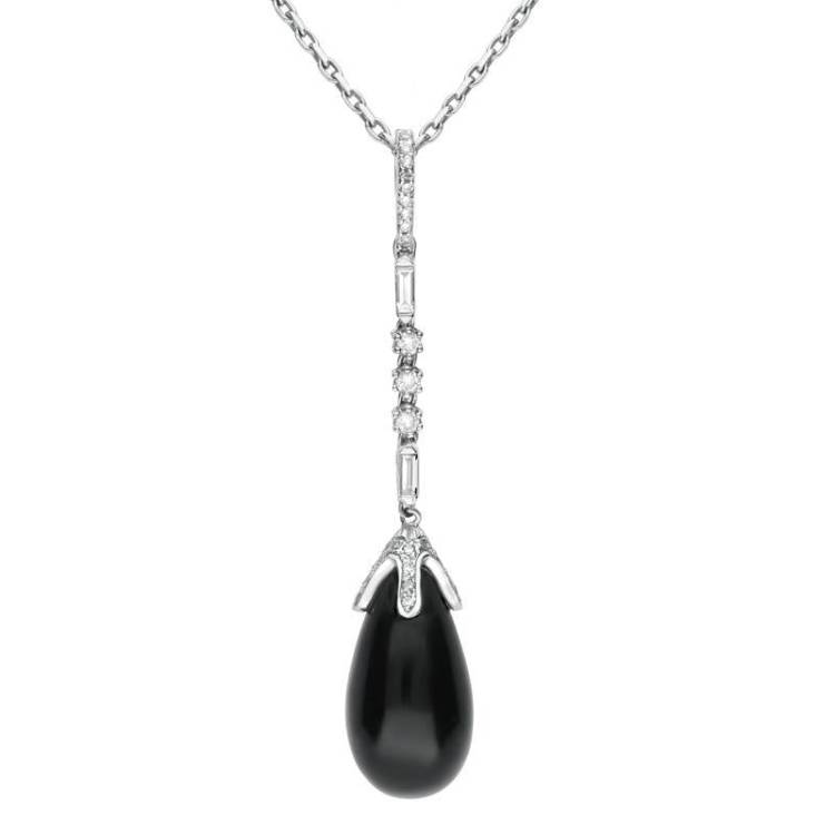 18ct White Gold Whitby Jet Diamond Pear Drop Necklace - White Gold