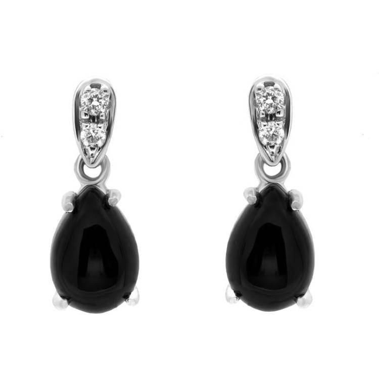 18ct White Gold Whitby Jet Diamond Pear Shaped Drop Earrings D - White Gold