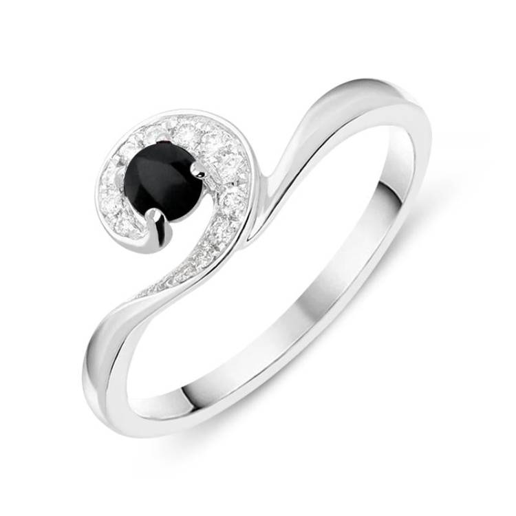 18ct White Gold Whitby Jet Diamond Stone Swirl Ring - Option1 Value White Gold