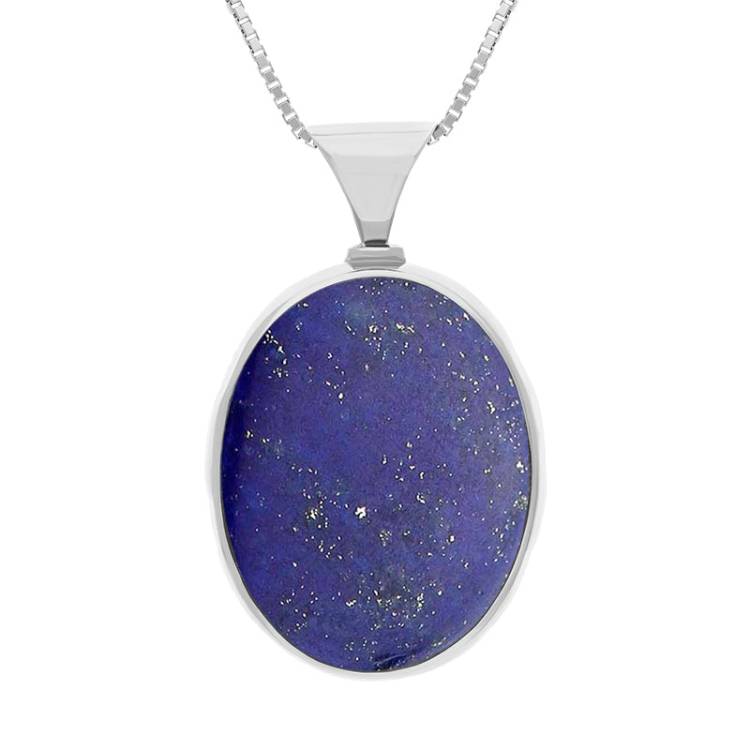 18ct White Gold Whitby Jet Lapis King's Coronation Hallmark Double Sided Oval Necklace