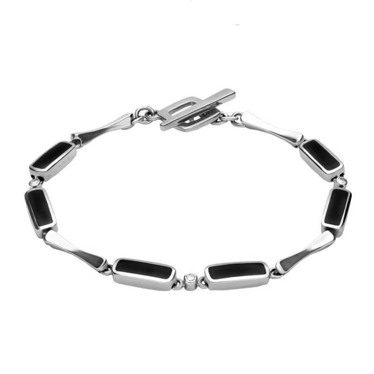 18ct White Gold Whitby Jet and Diamond Six Stone Oblong Bracelet - Option1 Value White Gold