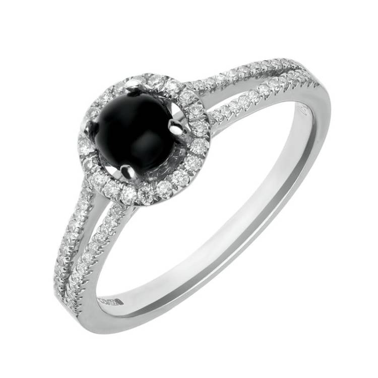 18ct White Gold Whitby Jet and 0.26ct Diamond Round Split Shank Ring