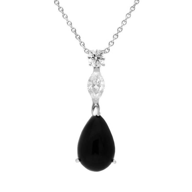 18ct White Gold Whitby Jet and Diamond Drop Necklace - White Gold