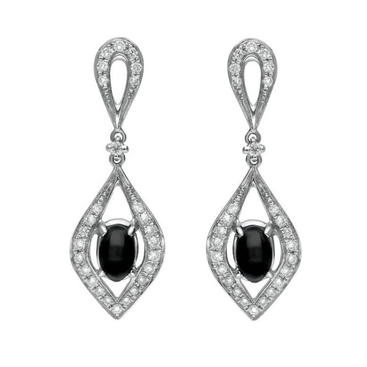 18ct White Gold Whitby Jet Diamond Open Curved Marquise Drop Earrings D - White Gold