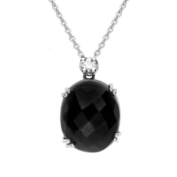 18ct White Gold Whitby Jet and Diamond Small Faceted Oval Necklace D - White Gold