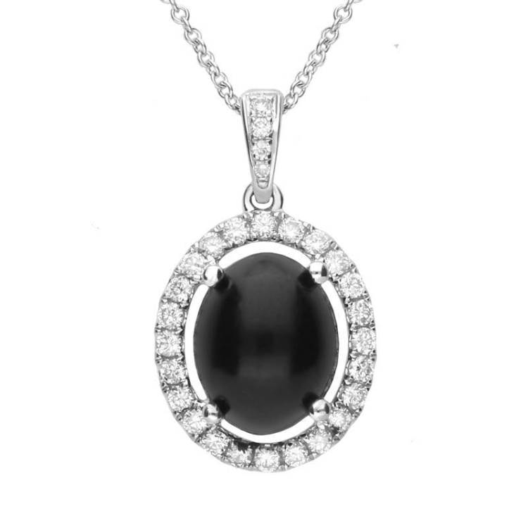 18ct White Gold Whitby Jet 0.28ct Diamond Oval Claw Set Necklace - Option1 Value White Gold