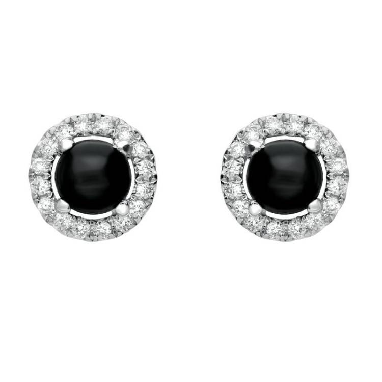 18ct White Gold Whitby Jet and Diamond Round Stud Earrings - White Gold