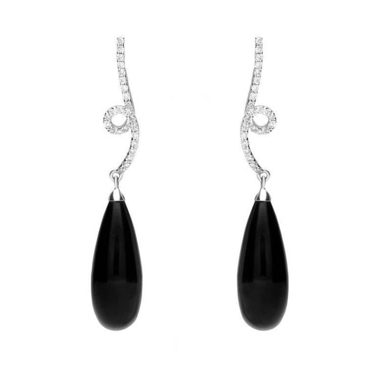 18ct White Gold Whitby Jet and Diamond Swirl Top Drop Earrings - White Gold