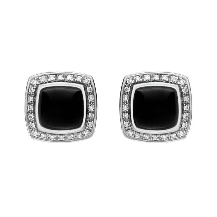 18ct White Gold Whitby Jet 0.18ct Diamond Square Stud Earrings D - White Gold
