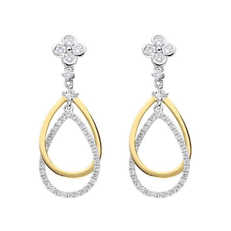 18ct Yellow Gold 0.35ct Diamond Flower Top Pear Drop Earrings