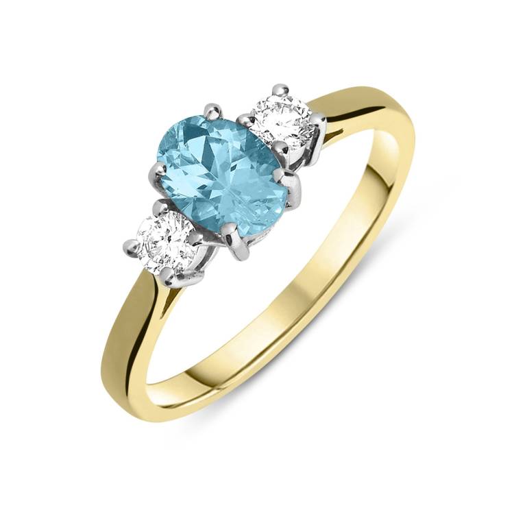 18ct Yellow Gold 0.83ct Aquamarine and Diamond Three Stone Ring - Option1 Value Yellow Gold