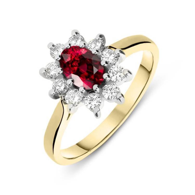 18ct Yellow Gold 0.48ct Ruby 0.29ct Diamond Oval Claw Set Cluster Ring - Option1 Value Yellow Gold