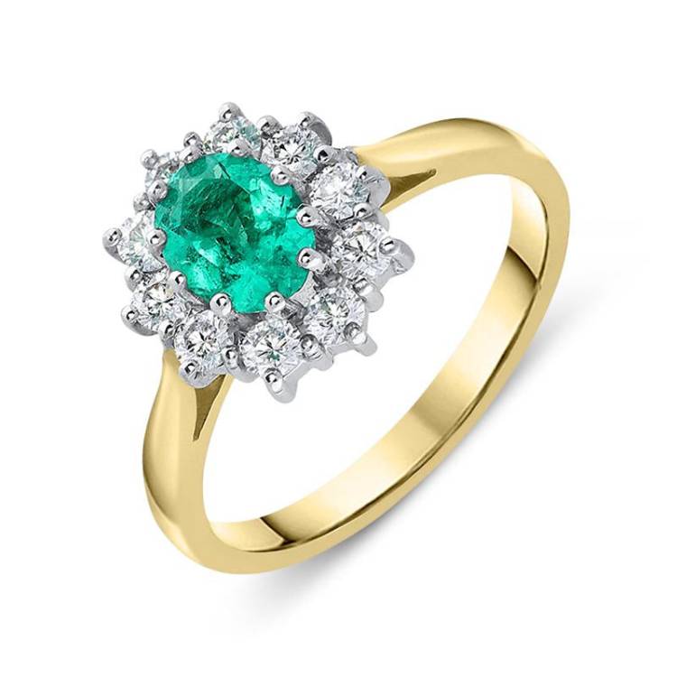 18ct Yellow Gold 0.55ct Emerald Diamond Cluster Ring - N