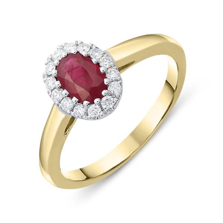 18ct Yellow Gold 0.55ct Ruby Diamond Oval Cluster Ring - Yellow Gold