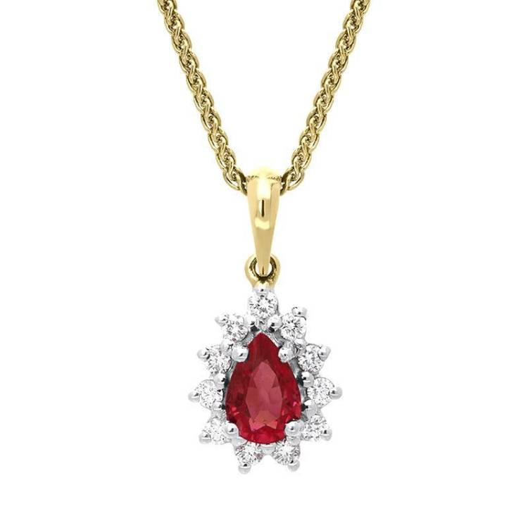 18ct Yellow Gold 0.56ct Ruby Diamond Pear Cluster Necklace - Option1 Value Yellow Gold