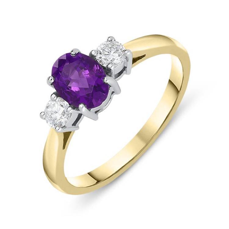 18ct Yellow Gold 0.66ct Amethyst Diamond Oval Trilogy Ring - Yellow Gold