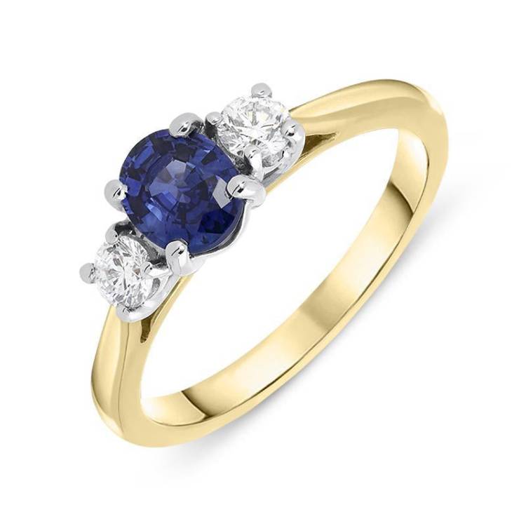 18ct Yellow Gold 0.73ct Sapphire Diamond Oval Cut Trilogy Ring - Yellow Gold