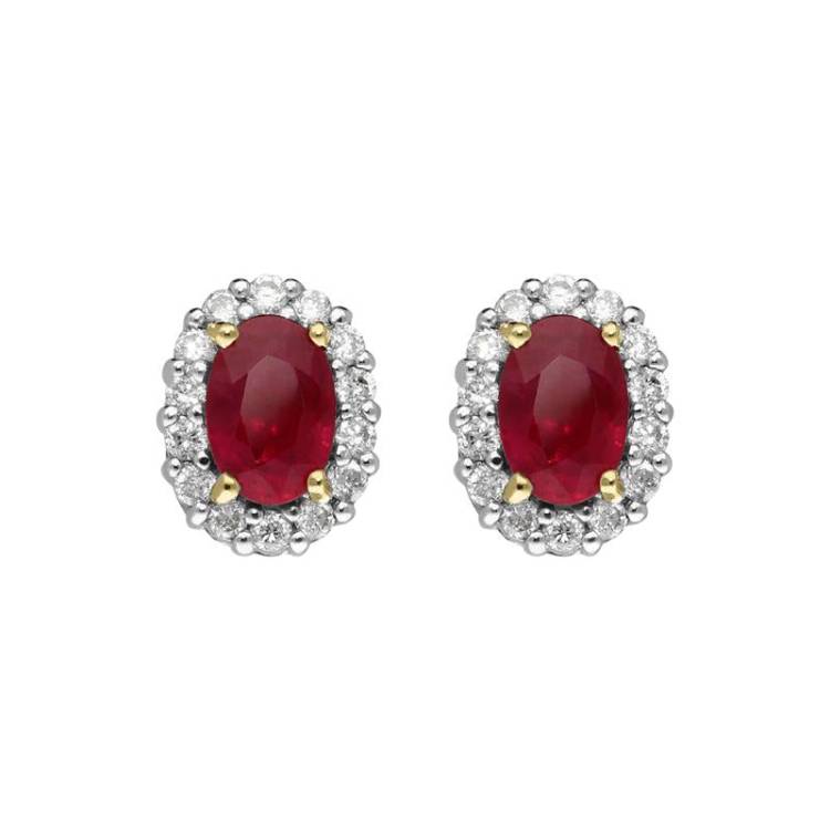 18ct Yellow Gold 0.95ct Ruby Diamond Oval Cluster Earrings