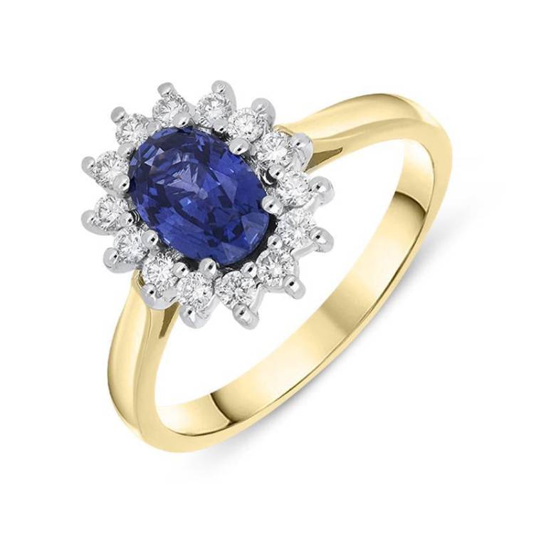 18ct Yellow Gold 0.96ct Sapphire Diamond Oval Cluster Ring - Yellow Gold