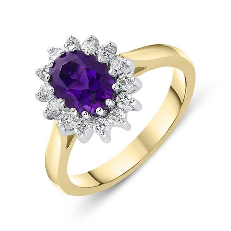 18ct Yellow Gold 1.12ct Amethyst Diamond Oval Cluster Ring - Yellow Gold