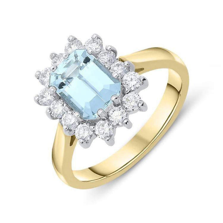 18ct Yellow Gold 1.34ct Aquamarine Diamond Cluster Ring - Yellow Gold