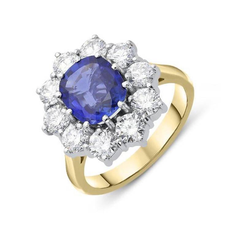 18ct Yellow Gold 1.96ct Sapphire Diamond Oval Cluster Ring - N