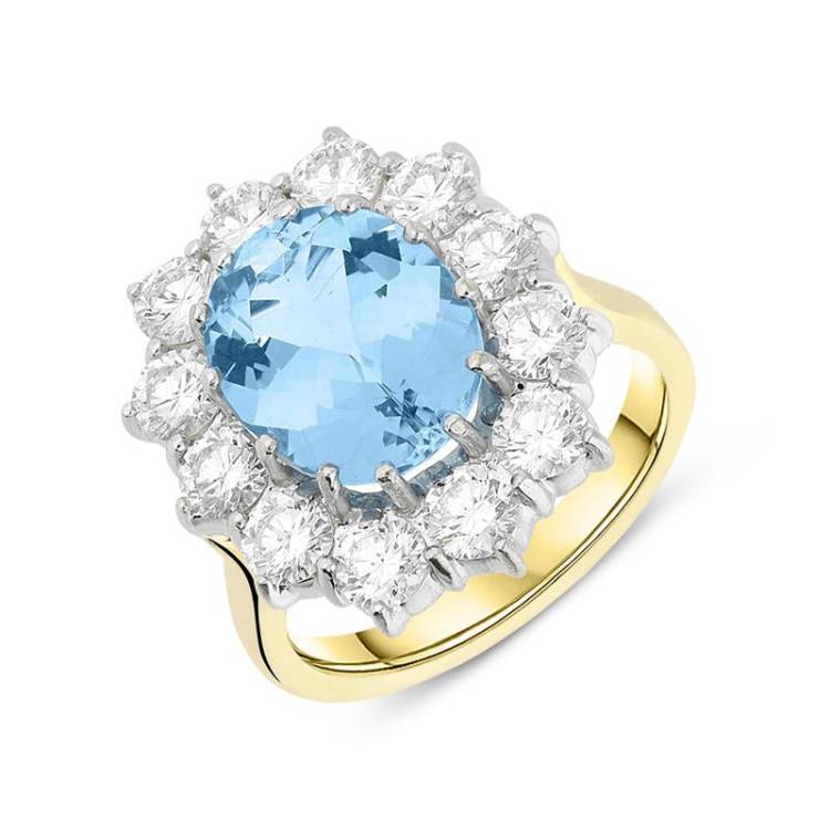 18ct Yellow Gold Aquamarine Diamond Cluster Ring