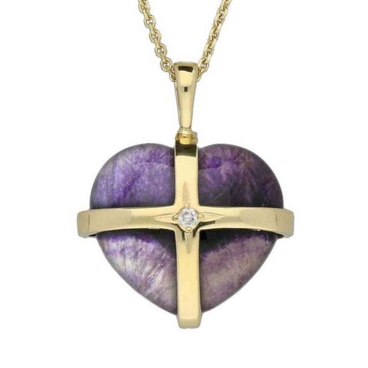 18ct Yellow Gold Blue John Diamond Medium Cross Heart Necklace - Option1 Value Yellow Gold