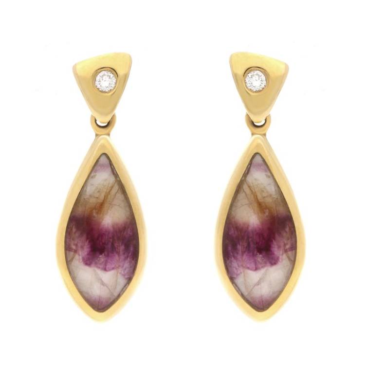 18ct Yellow Gold Blue John and Diamond Pointed Pear Drop Earrings